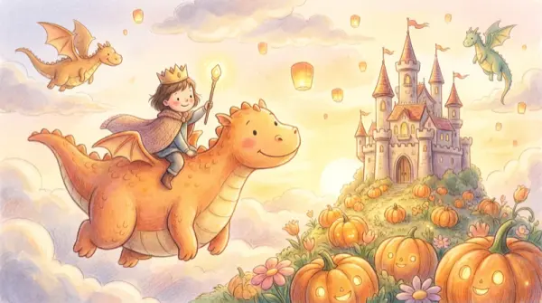 AI-generated illustration: a child hero stands before a golden dragon castle in glowing twilight