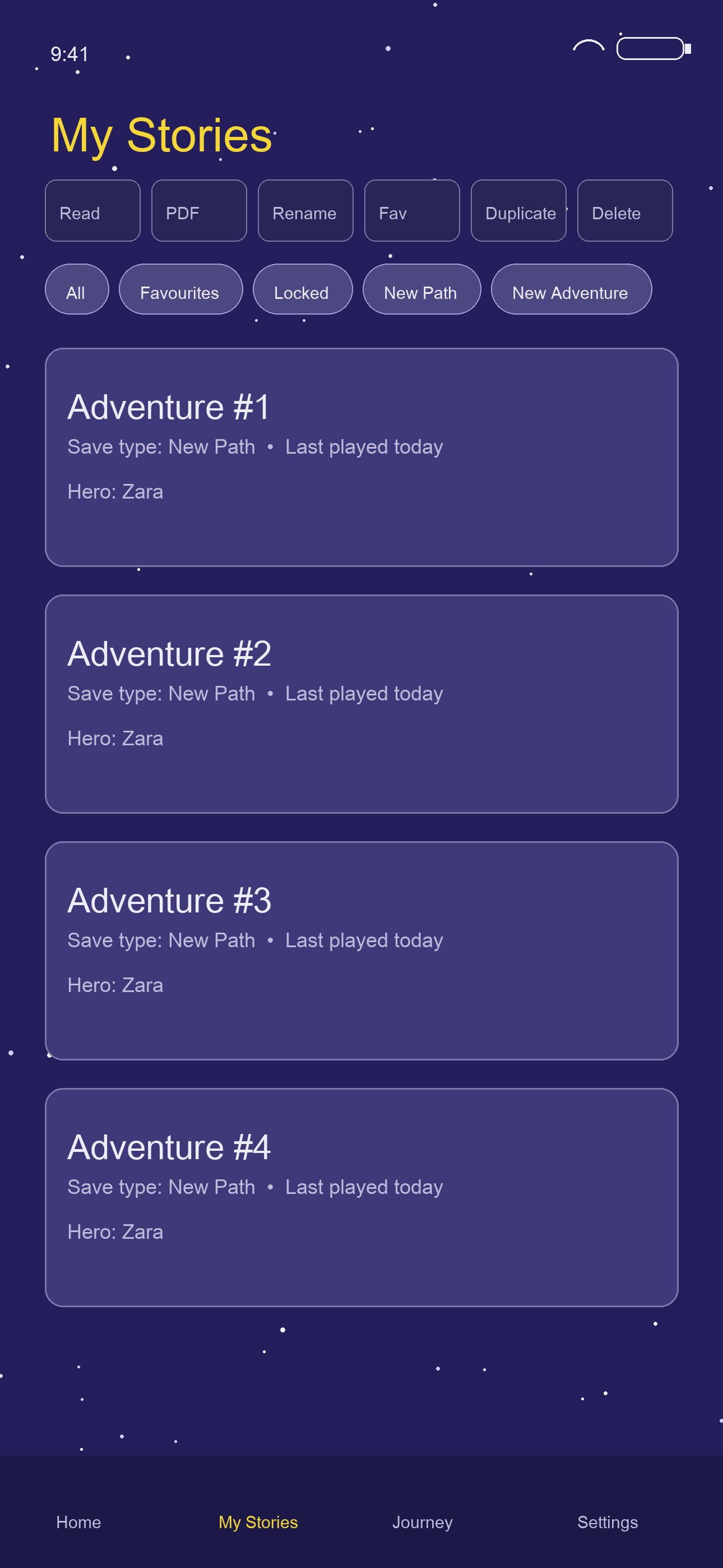 Saved stories library screen with revisiting and save options