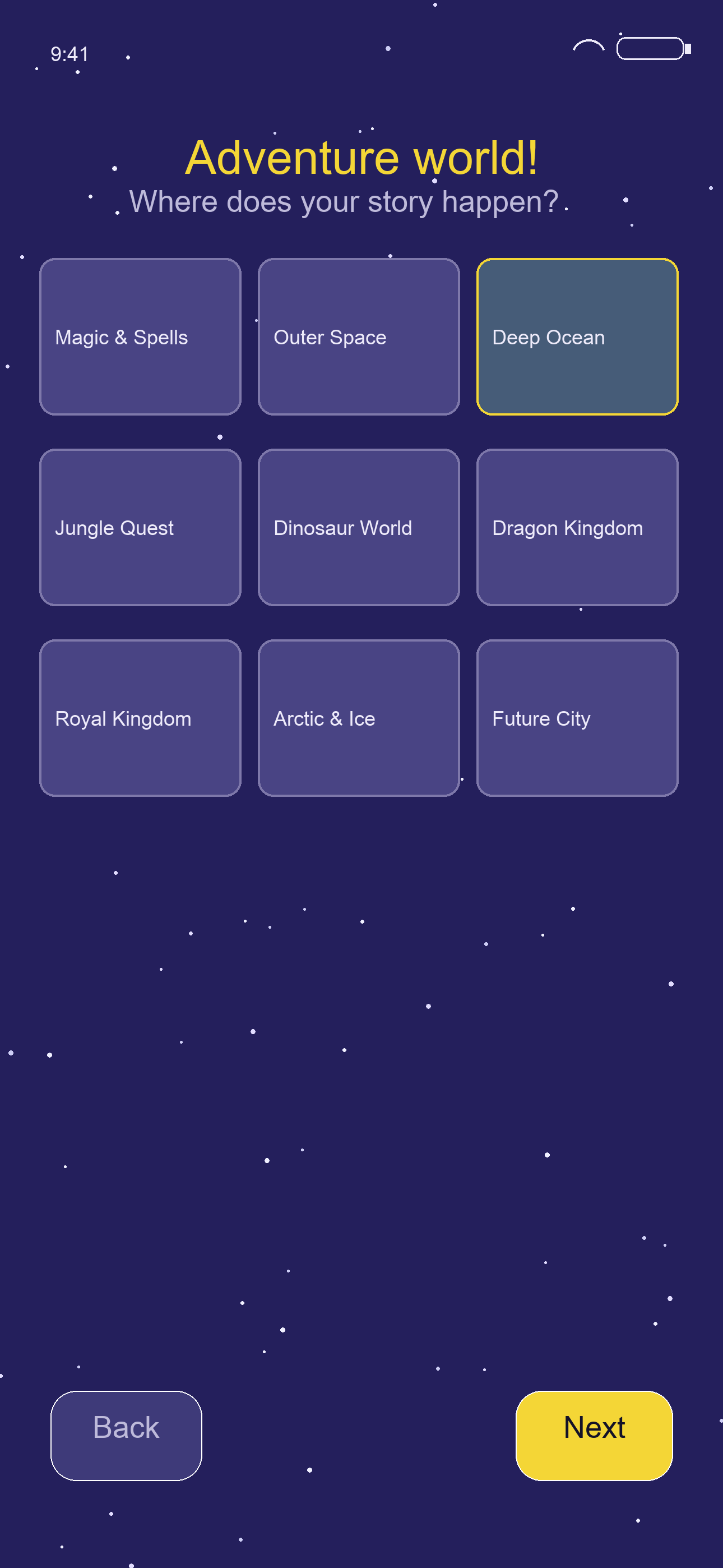 StoryWell mode and journey picker showing themed adventure cards before generation